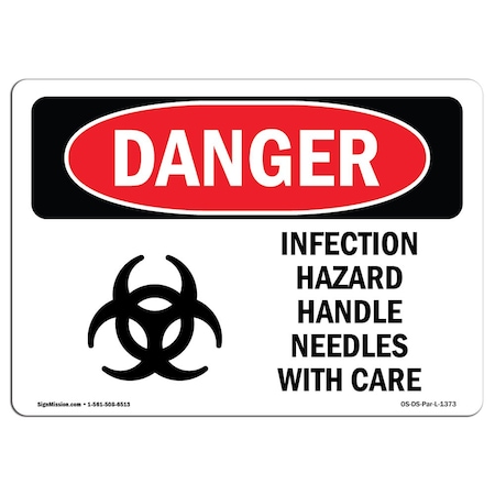 Signmission OSHA Danger Sign, 10" Height, 14" Width, Infection Hazard Handle Needles With Care, Landscape OS-DS-D-1014-L-1373
